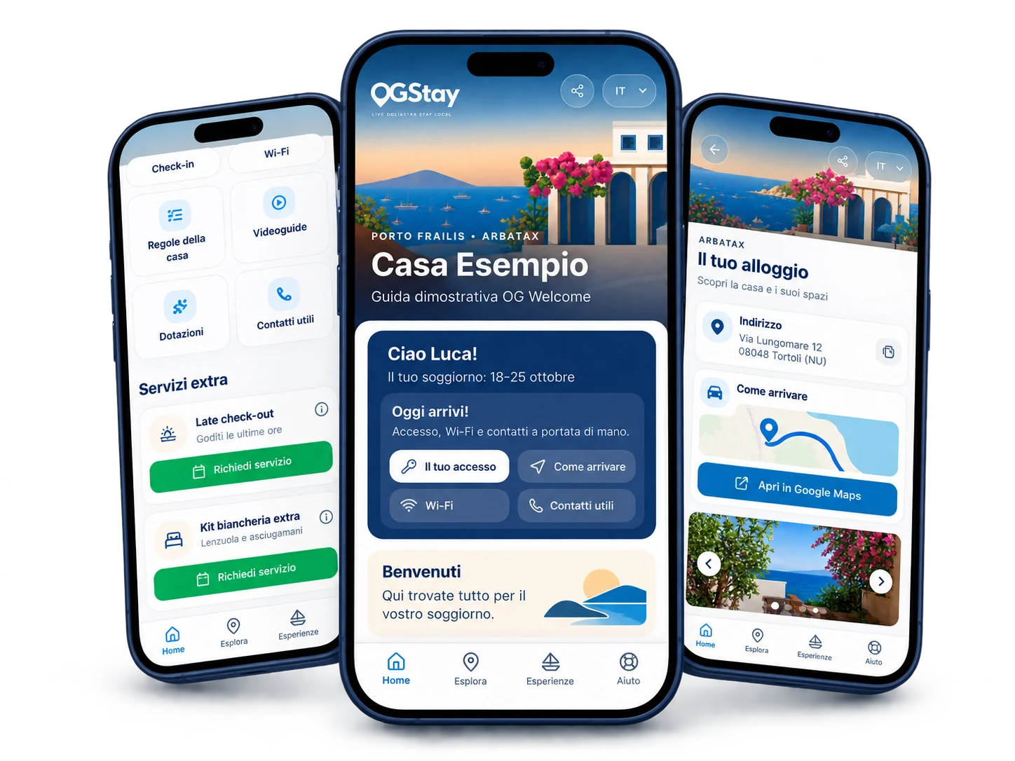 La Welcome Guide OGStay su smartphone: home della casa, servizi extra e indicazioni per arrivare